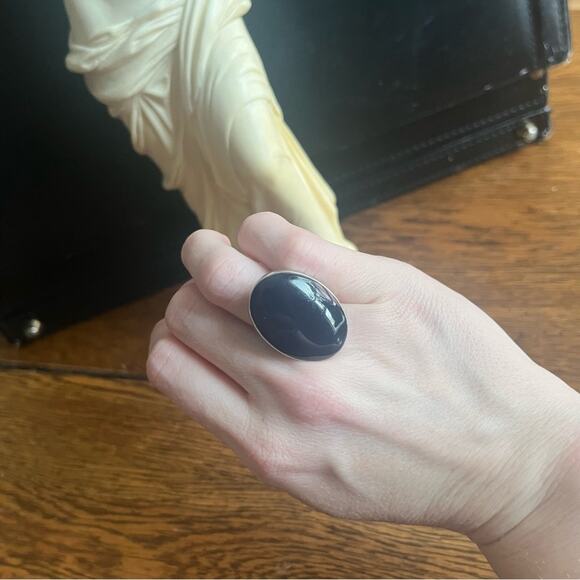 Vintage Large Oval DARK Blue Chunky Cabochon 925 Sterling Silver MEXICO Ring - Picture 5 of 16